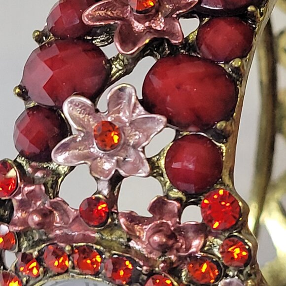 Red Floral Rhinestone Watch Cuff Band Round Face Ornate Fashion Watch - NEW ! - Picture 4 of 16